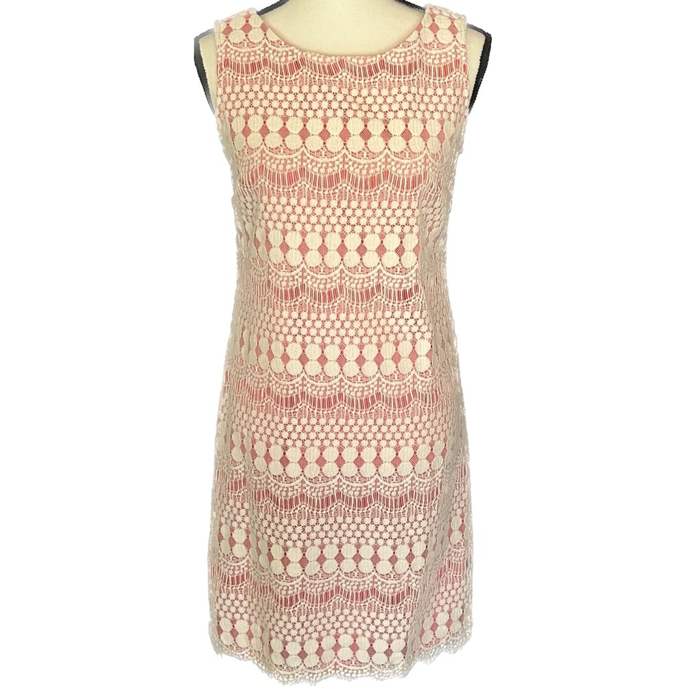 Eliza J Coral and Cream Crochet Shift Dress.